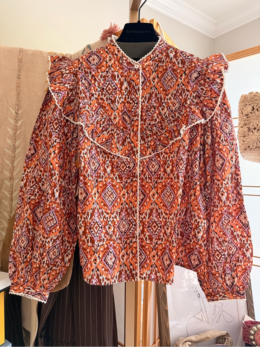 NWT Sommer Dorothy Ikat Ruffle Blouse Size Small Boho Cotton Button Front